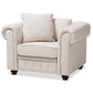 Alaise Chair Modern Classic Beige Linen Tufted Scroll Arm Chesterfield