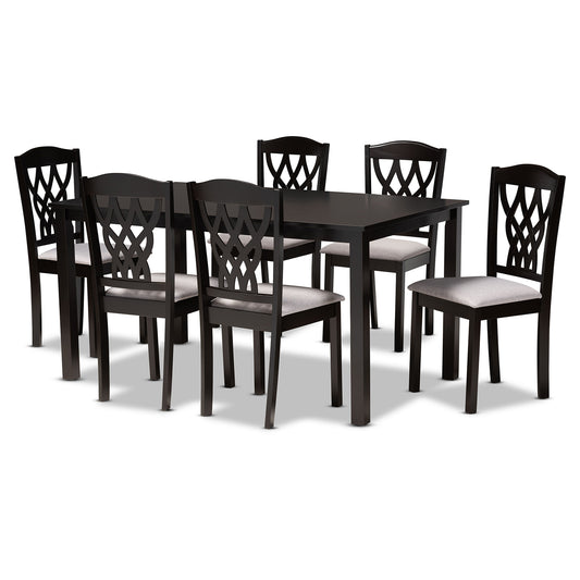 Salem Dining Set Modern and Contemporary Grey Fabric Upholstered Dark Brown Finished Wood 7-Piece