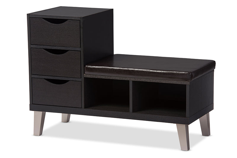 Arielle Shoe Storage Bench Modern and Contemporary Dark Brown Wood 3-drawer Padded Leatherette Seating with Two Open Shelves