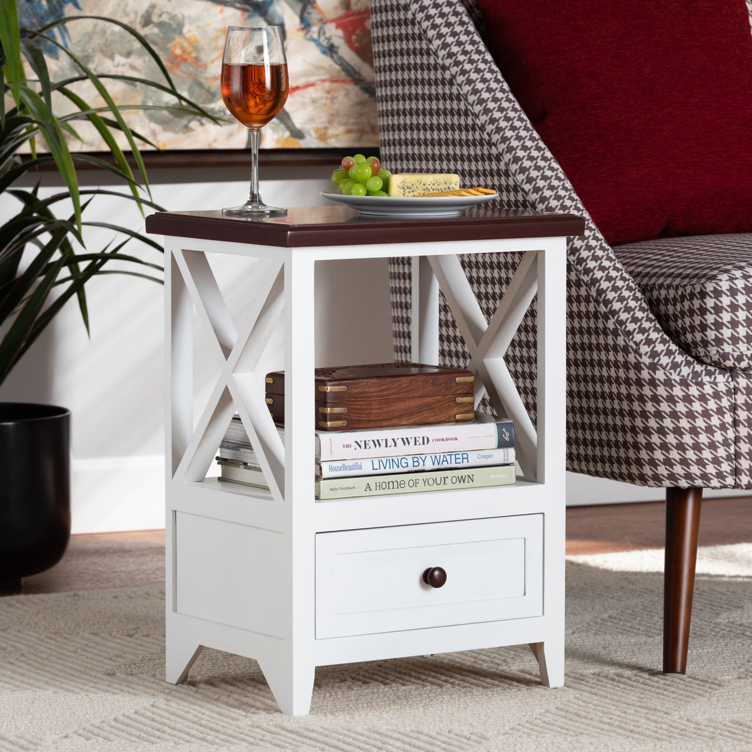 Vesta End Table - Modern Two-Tone Design in White and Dark Brown Wood with 1 Drawer for Stylish Living Room or Bedroom Storage