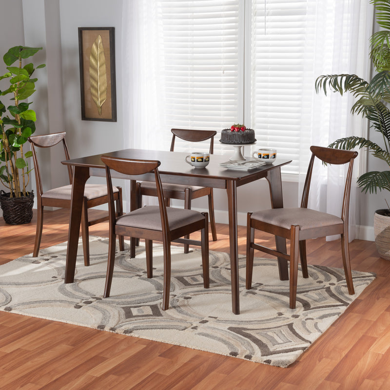 Delphina Dining Set Mid-Century Modern 5-Piece Collection with Warm Grey Fabric and Dark Brown Wood Finish