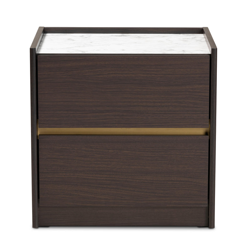 Walker Modern Contemporary Nightstand Dark Brown Gold Finished Wood Faux Marble Top Stylish Bedroom Storage