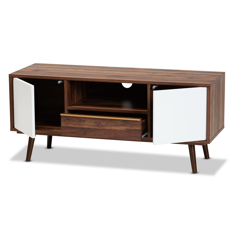 Grover Mid-Century Modern TV Stand - Two-Tone Cherry Brown and White Wood with 2 Doors for Stylish Living Room Storage