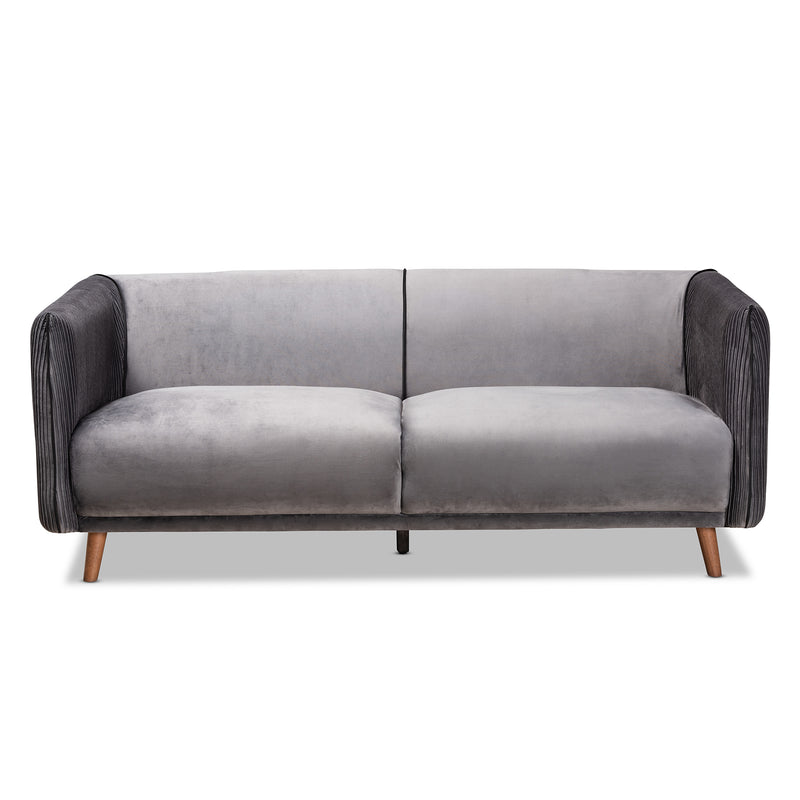 Beacher Sofa: Modern Grey Velvet Upholstered Sofa with Walnut Brown Wood Frame