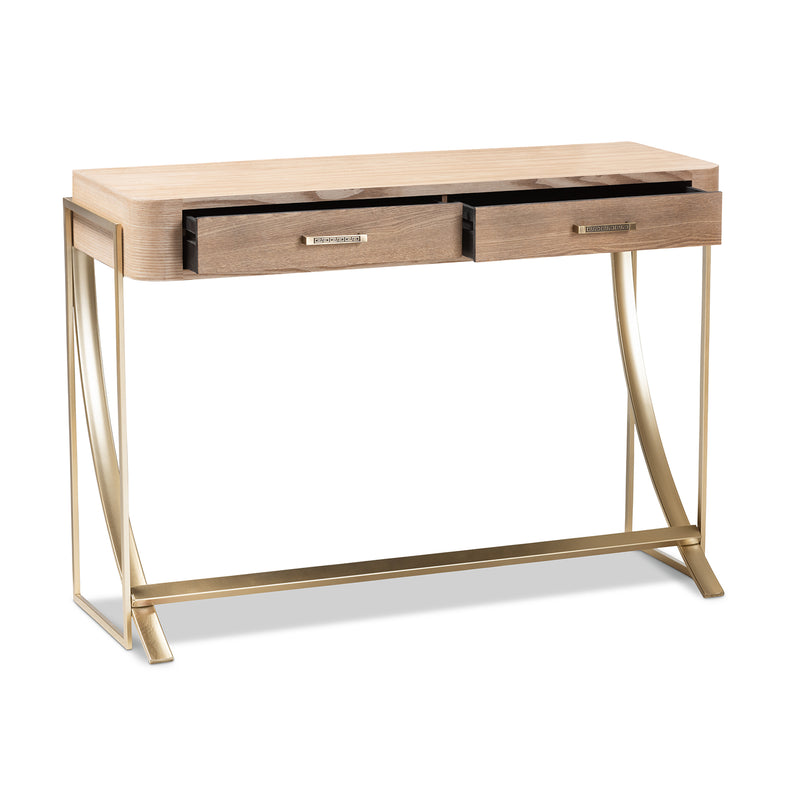 Lafoy Console Table Modern Contemporary Design Natural Brown Wood Gold Accents 2 Drawers for Storage