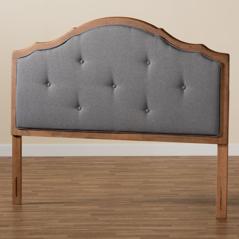 Gala Queen Size Arched Headboard Vintage Classic Dark Grey Fabric Upholstered with Walnut Brown Finished Wood