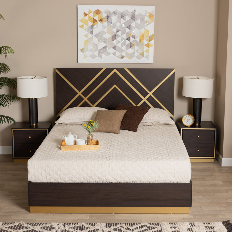 Arcelia Queen Size Bedroom Set Contemporary Glam Luxe 3-Piece Collection in Two-Tone Dark Brown and Gold Finished Wood