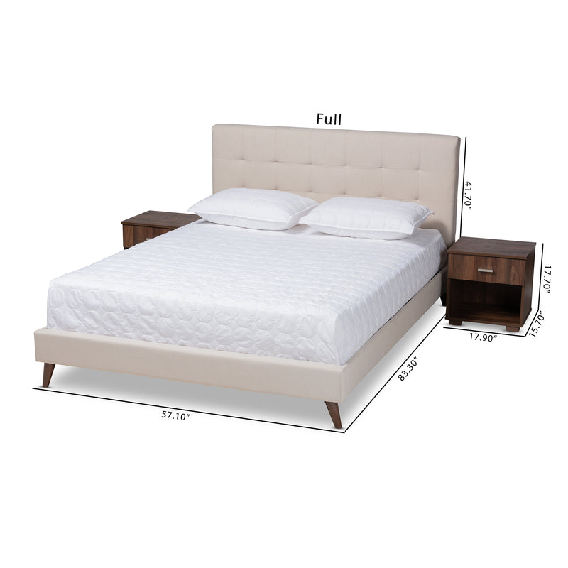 Maren Mid-Century Modern Platform Bed with Two Nightstands - Beige Fabric Upholstered