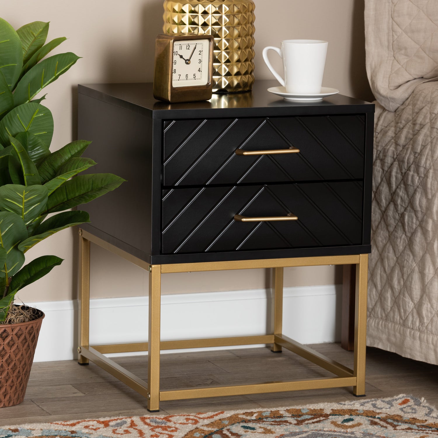 Inaya End Table - Contemporary Glam Design with Black Wood and Gold Metal, Featuring 2 Drawers for Stylish Storage