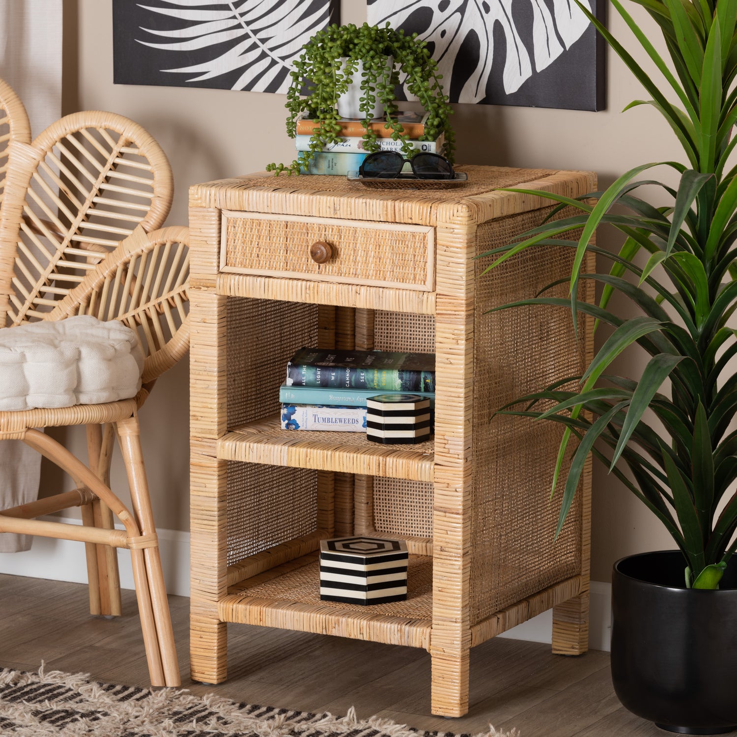 Bella Nightstand - Modern Bohemian Design in Natural Brown Mahogany with Rattan Drawer