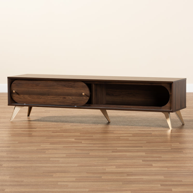 Dena TV Stand Mid-Century Modern Walnut Brown Wood with Gold Finish for Stylish Living Room Storage and Entertainment