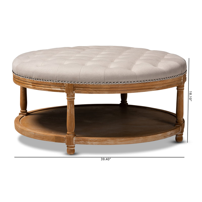 Ambroise Cocktail Ottoman French Provincial Beige Linen Upholstered White-Washed Oak Wood Button-Tufted Design with Convenient Shelf