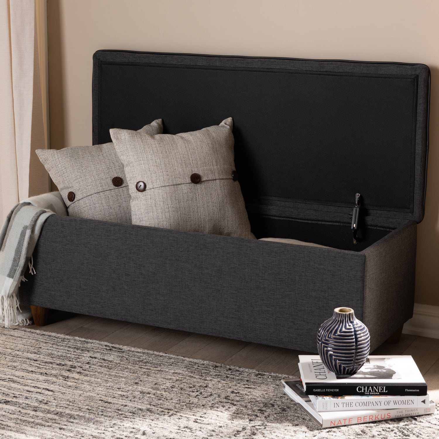 Marlisa Ottoman Mid-Century Modern Walnut Finished Wood and Dark Grey Fabric Upholstered Button Tufted Storage Bench