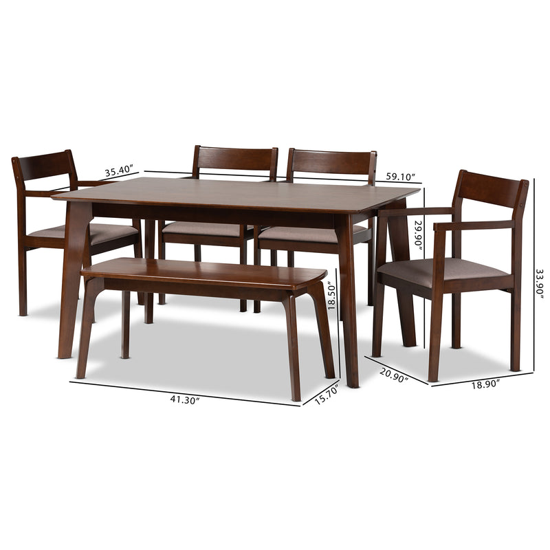 Helene Dining Set Mid-Century Modern 6-Piece Collection in Warm Grey Fabric and Dark Brown Wood Finish