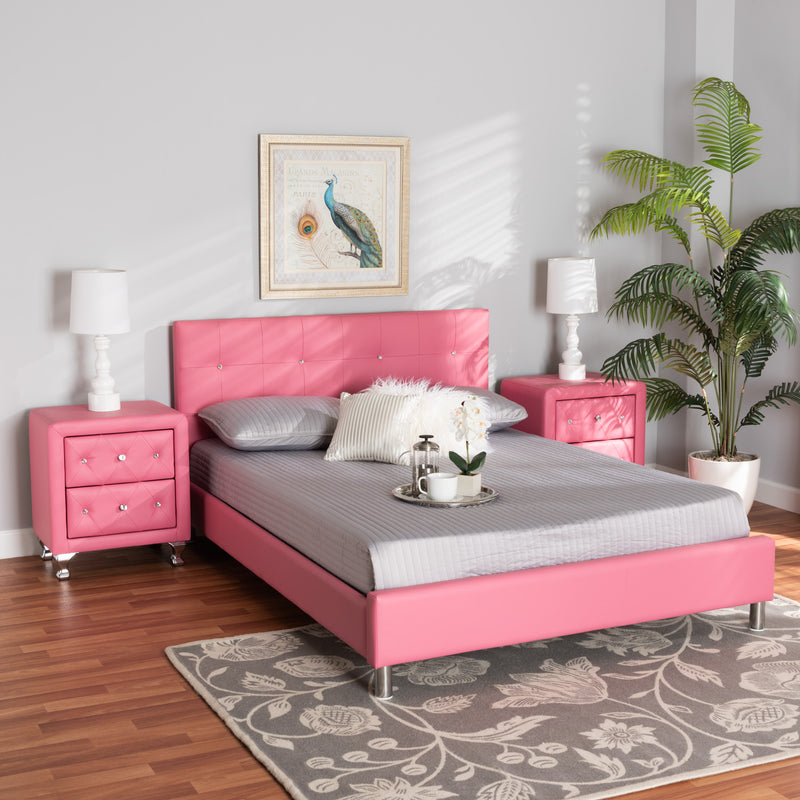 Barbara Contemporary Glam Full Size 3-Piece Bedroom Set in Pink Faux Leather, Stylish Modern Design for Chic Decor