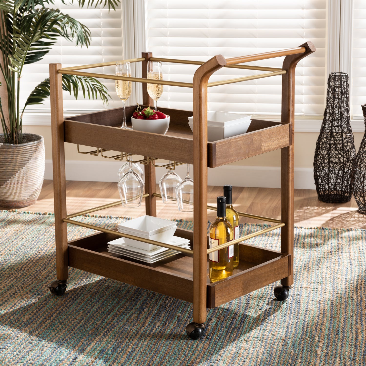 Tahir Mobile Bar Cart - Modern 2-Tier Design with Walnut Brown Wood and Antique Gold Metal Accents