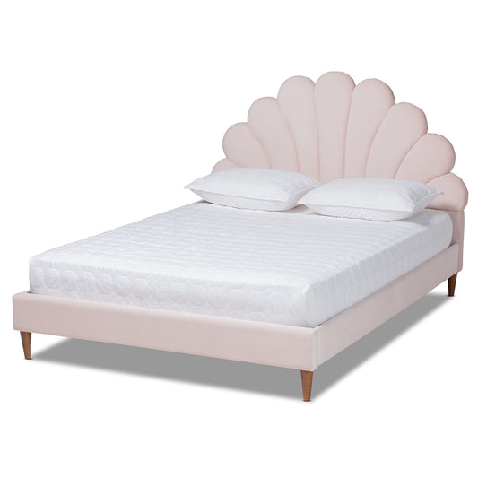 Odille Queen Size Platform Bed Modern Glam Light Pink Velvet Upholstered with Walnut Brown Wood Seashell Shaped Design