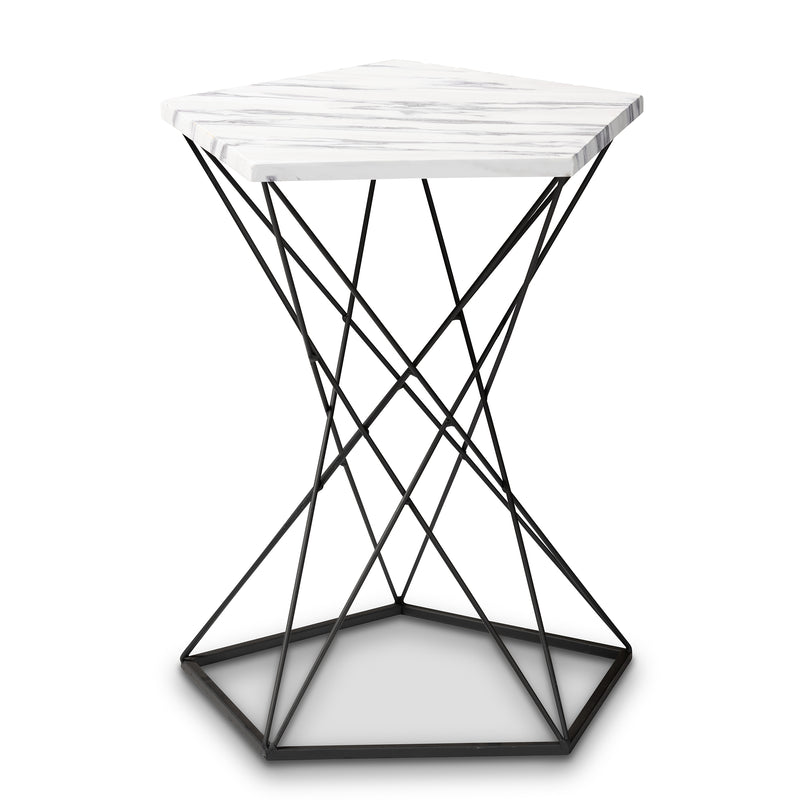 Oberon Modern Black Metal End Table with Faux Marble Top - Stylish Accent Furniture for Living Room or Bedroom