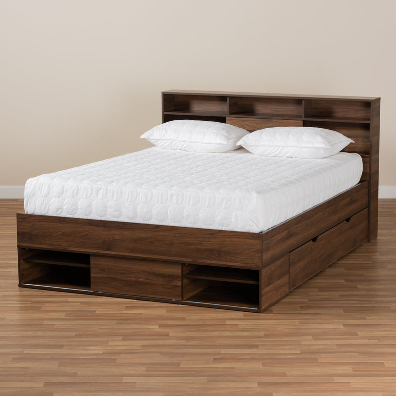 Tristan Queen Size Platform Storage Bed - Modern Walnut Brown Wood with Drawer and Shelves for Organized Bedroom Storage