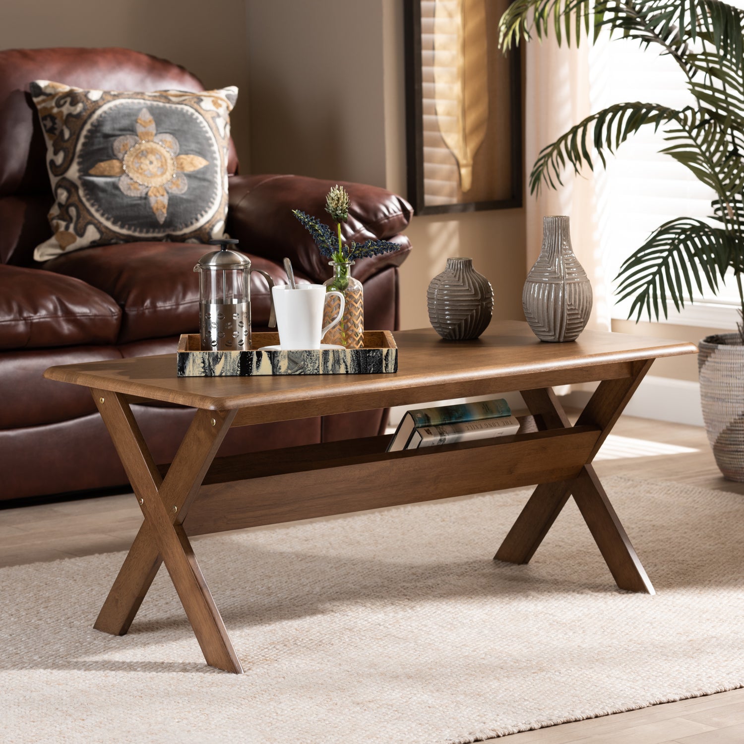 Sarai Coffee Table Modern Transitional Design in Walnut Brown Finish Rectangular Wood Construction for Stylish Living Room Decor