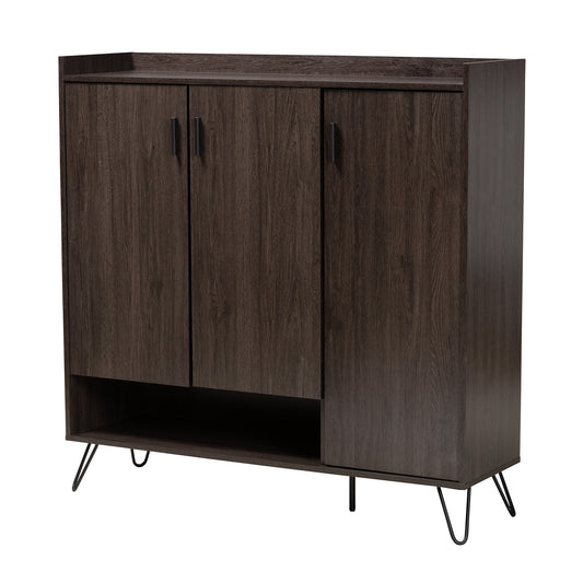 Baldor Shoe Cabinet Modern Dark Brown Finished Wood 3-Door Storage Solution for Organizing Footwear