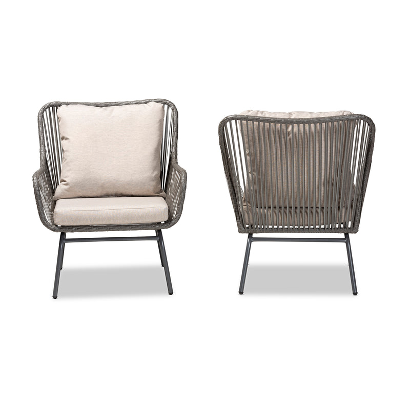 Dermot Patio Chair Set - Modern 2-Piece Upholstered Chairs in Beige Fabric and Grey Synthetic Rattan for Outdoor Living Spaces