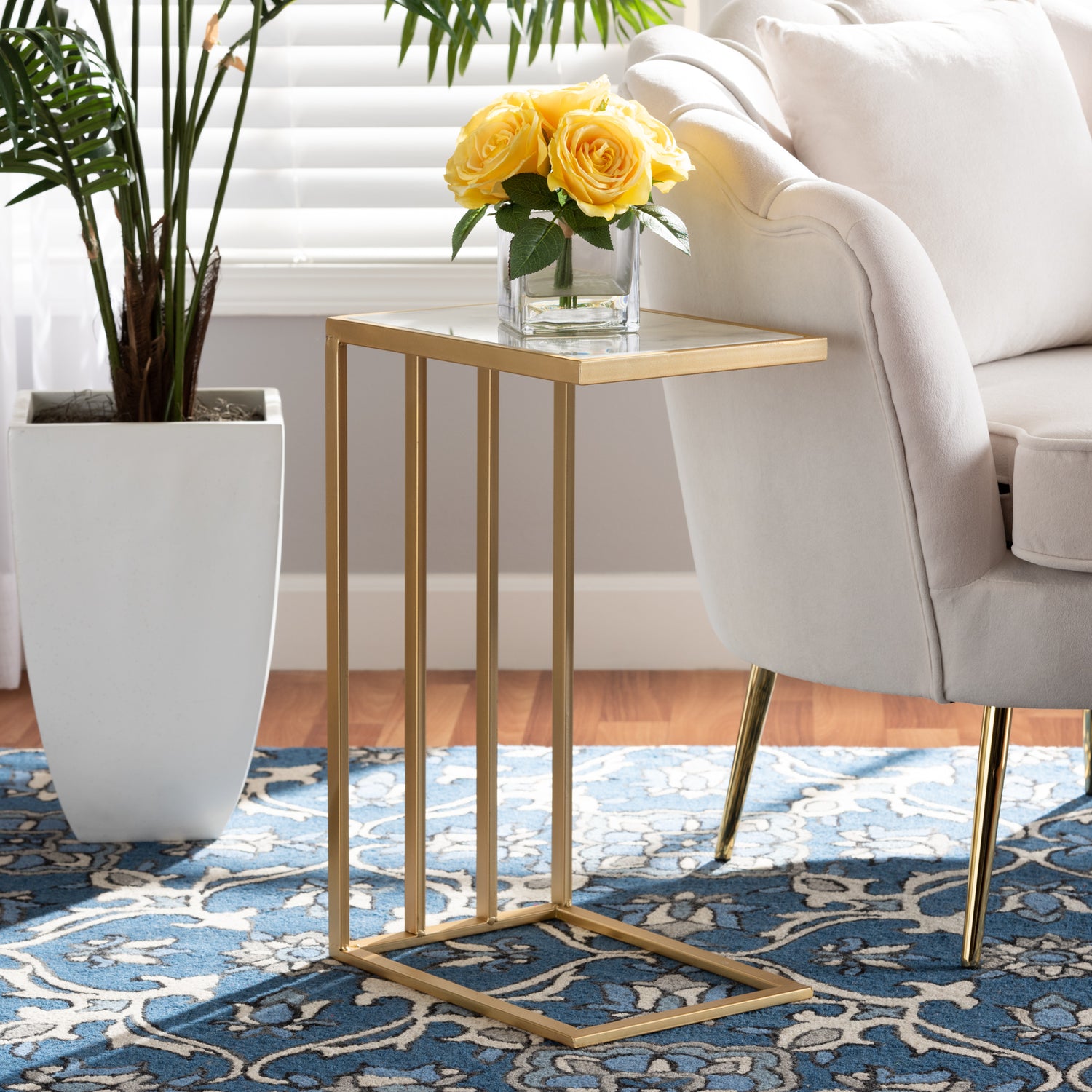 Parkin Modern C-Shaped End Table with Gold Metal Frame and Marble Top