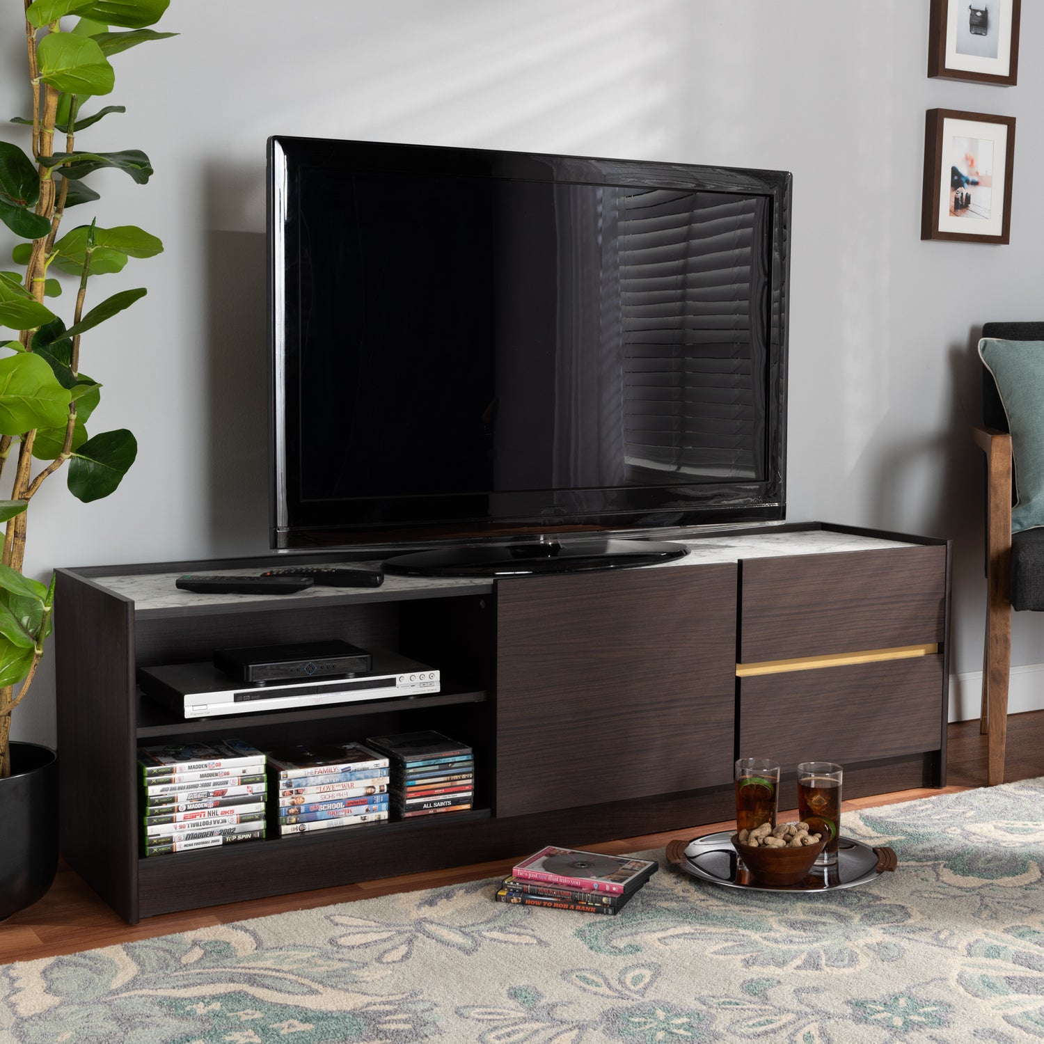 Walker Modern Contemporary TV Stand Dark Brown Gold Finished Wood Faux Marble Top for Stylish Living Room Storage Display