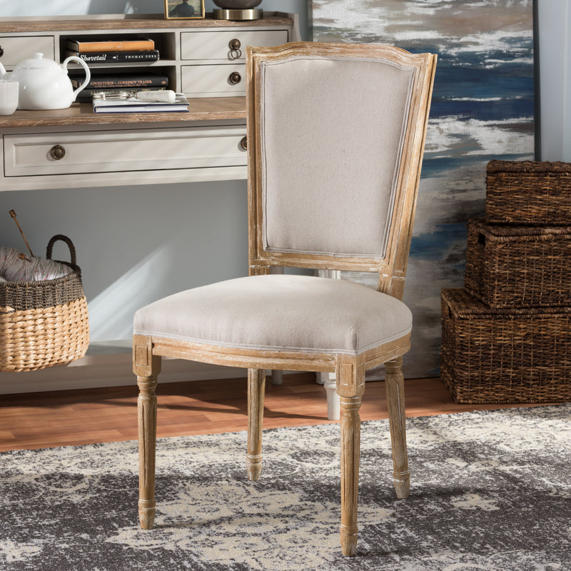 Cadencia Vintage Cottage Dining Side Chair in Weathered Oak with Beige Fabric Upholstery