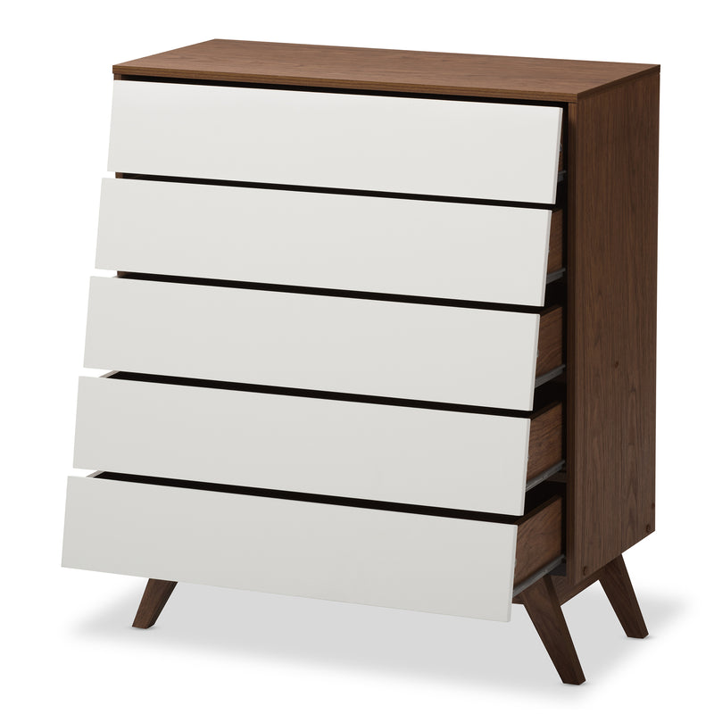 Hildon Mid-Century Modern 5-Drawer Storage Chest in White and Walnut for Stylish Organization and Home Décor