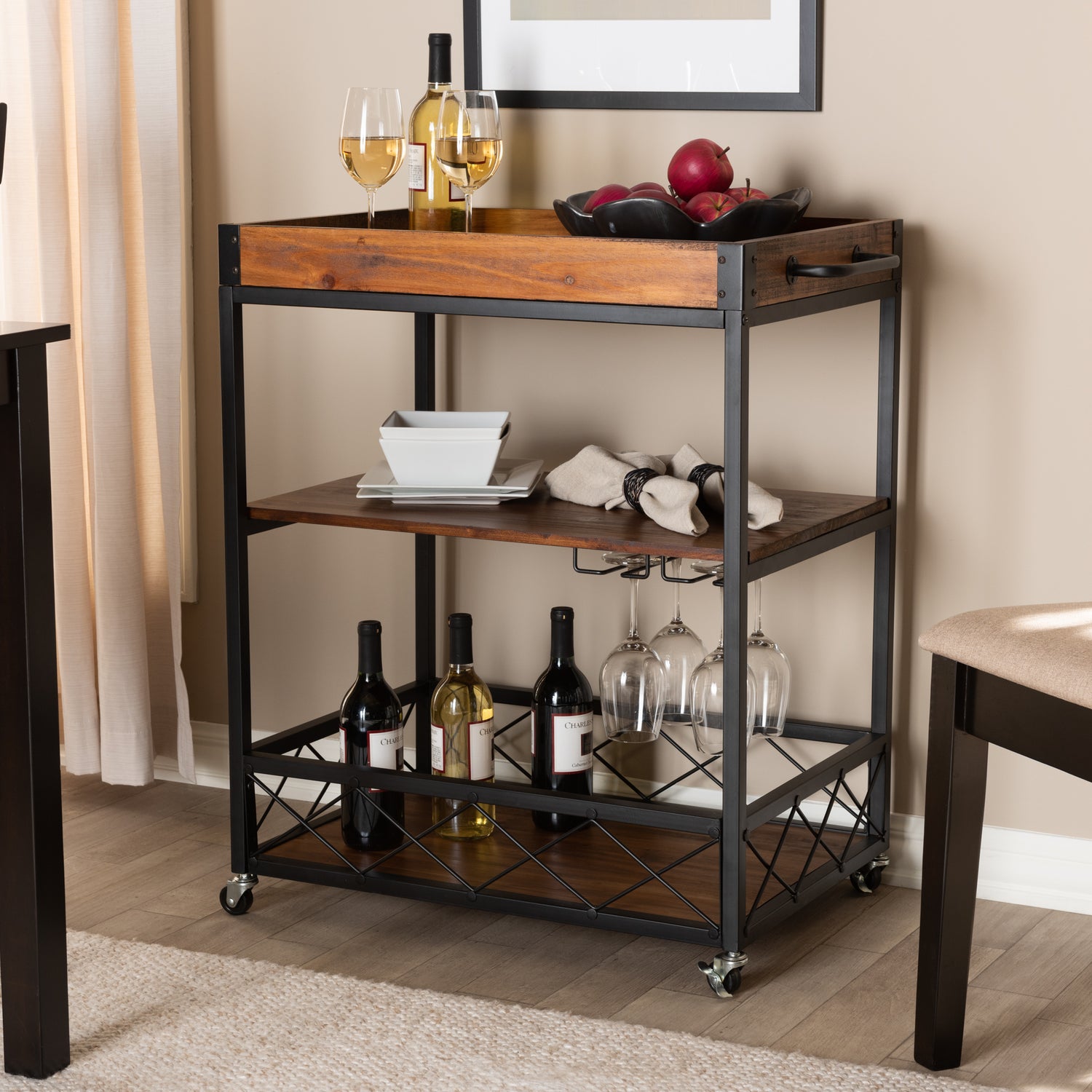 Capri Mobile Bar Cart Vintage Rustic Industrial Design in Oak Brown and Black Finish with Stemware Rack