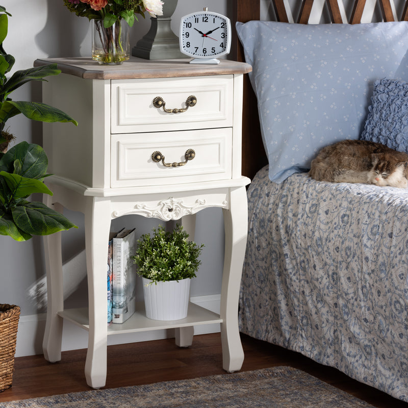 Amalie End Table Antique French Country Cottage Style Two-Tone White and Oak Finish with 2 Drawers for Storage