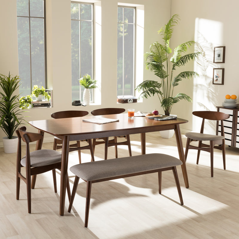 Flora Mid-Century Modern Dining Set 6-Piece Light Grey Fabric Medium Brown Oak Finish