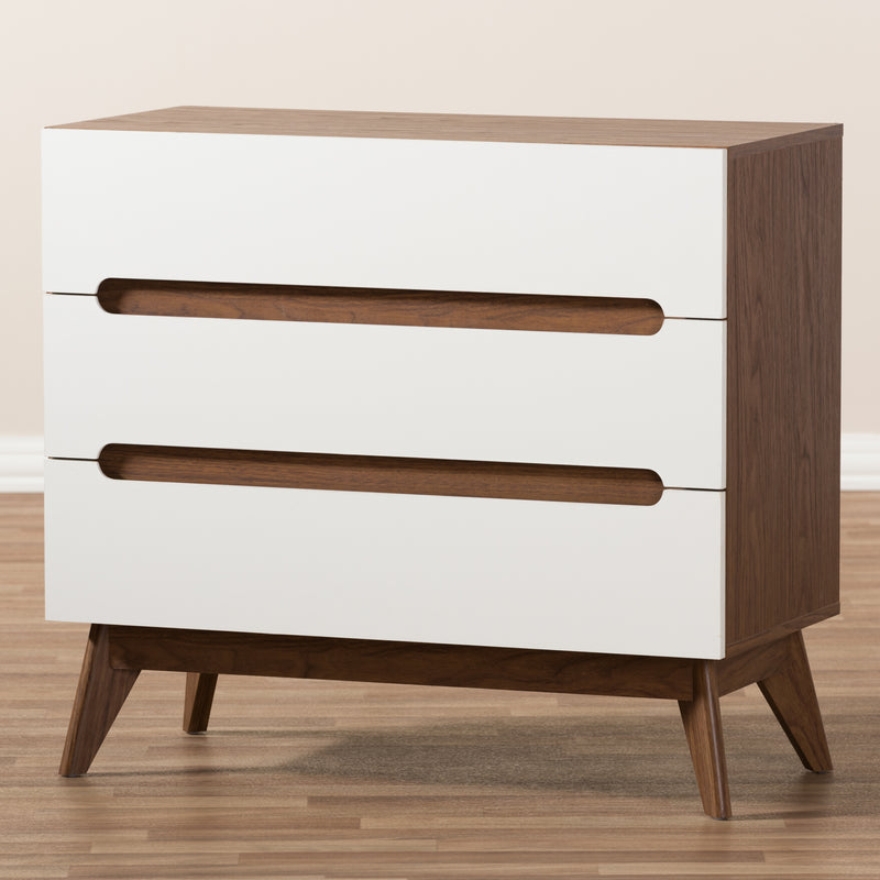 Calypso Mid-Century Modern 3-Drawer Storage Chest in White and Walnut for Stylish Organization and Home Décor