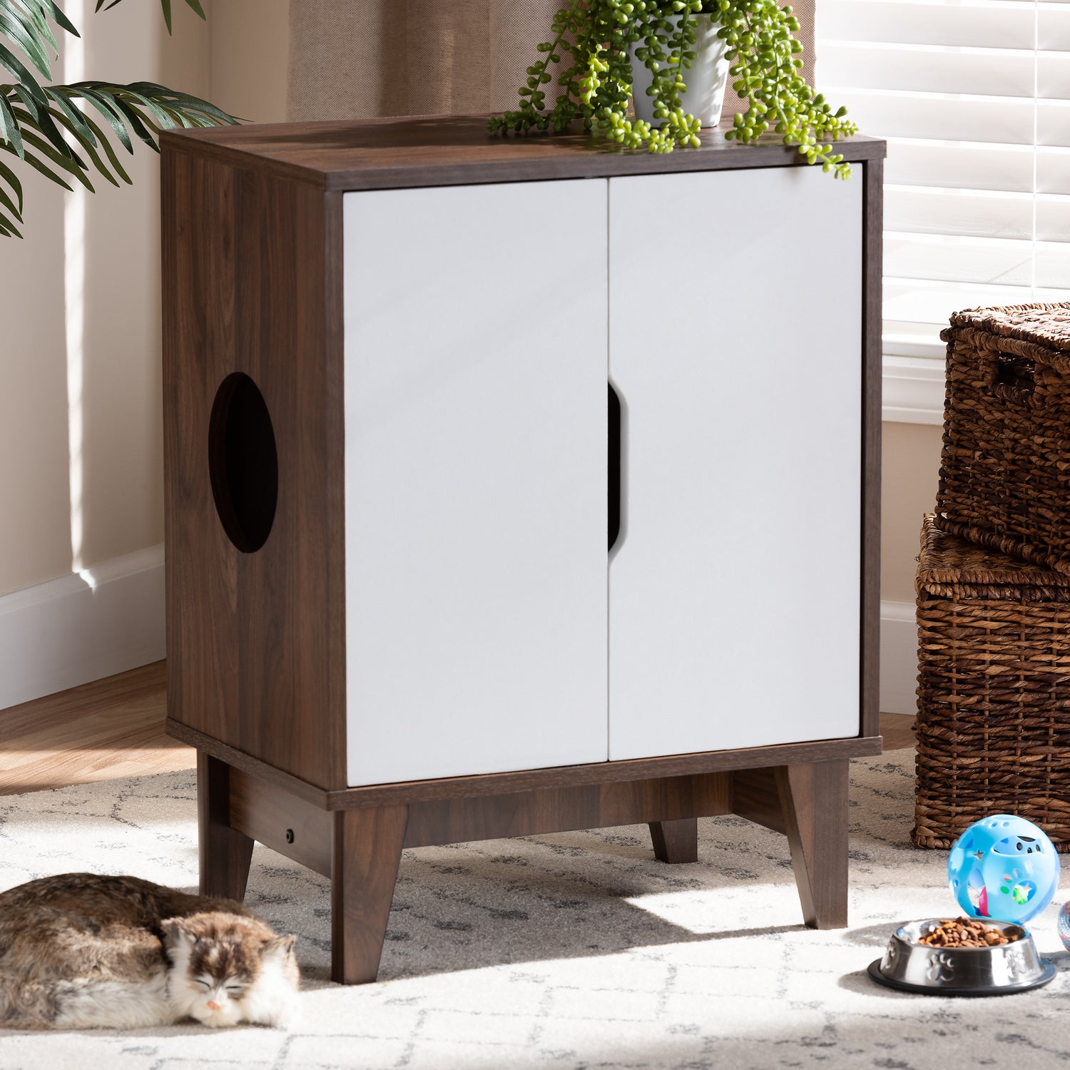 Romy Cat Litter Box Cover Mid-Century Modern Two-Tone Walnut Brown and White Finished 2-Door Wood