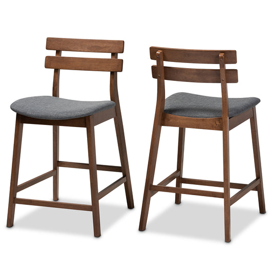 Larine Counter Stool Set Modern and Contemporary Dark Grey Fabric Upholstered Walnut Finished 2-Piece