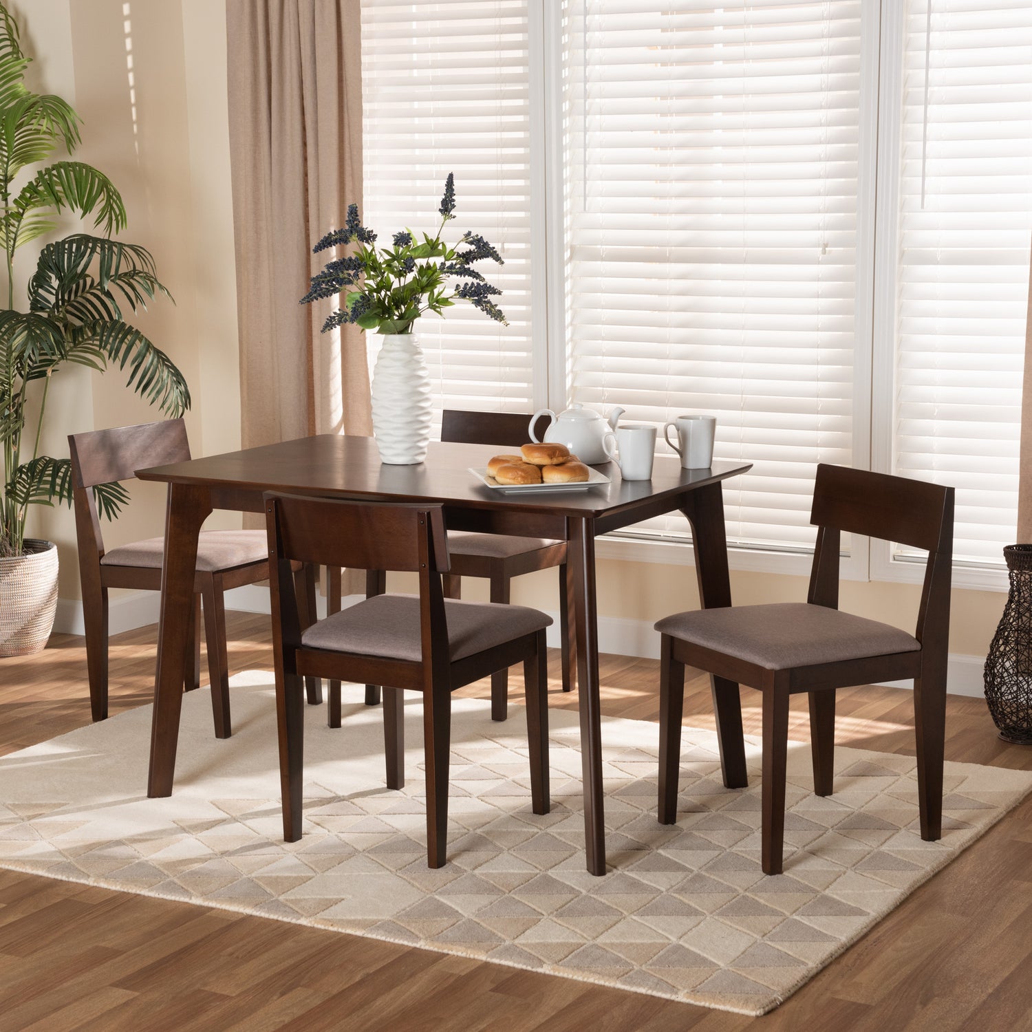 Camilla Dining Set Mid-Century Modern 5-Piece Warm Grey Fabric Dark Brown Finished Wood