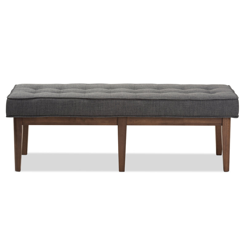 Lucca Bench Mid-Century Modern Walnut Wood with Dark Grey Fabric and Button-Tufted Upholstery