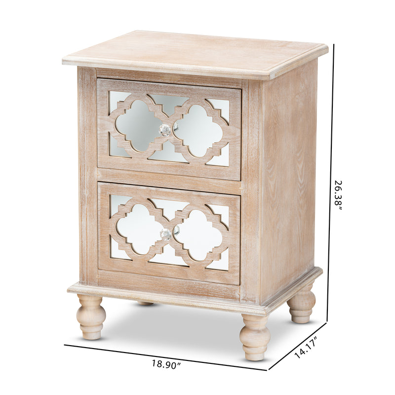 Celia End Table - Rustic French Country Design with White-Washed Wood and Mirror, 2 Drawers and Quatrefoil Accents