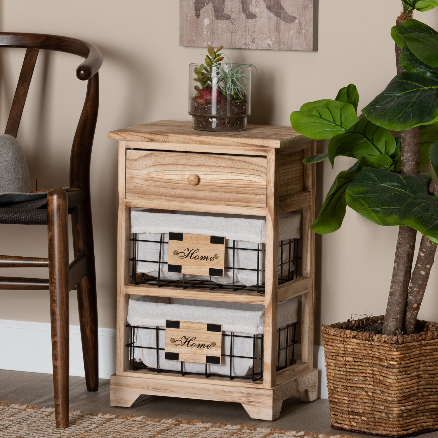 Madra End Table - Modern Oak Brown Wood with 1 Drawer and Storage Baskets