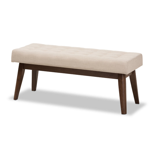 Elia Bench Mid-Century Modern Walnut Wood Light Beige Fabric Button-Tufted