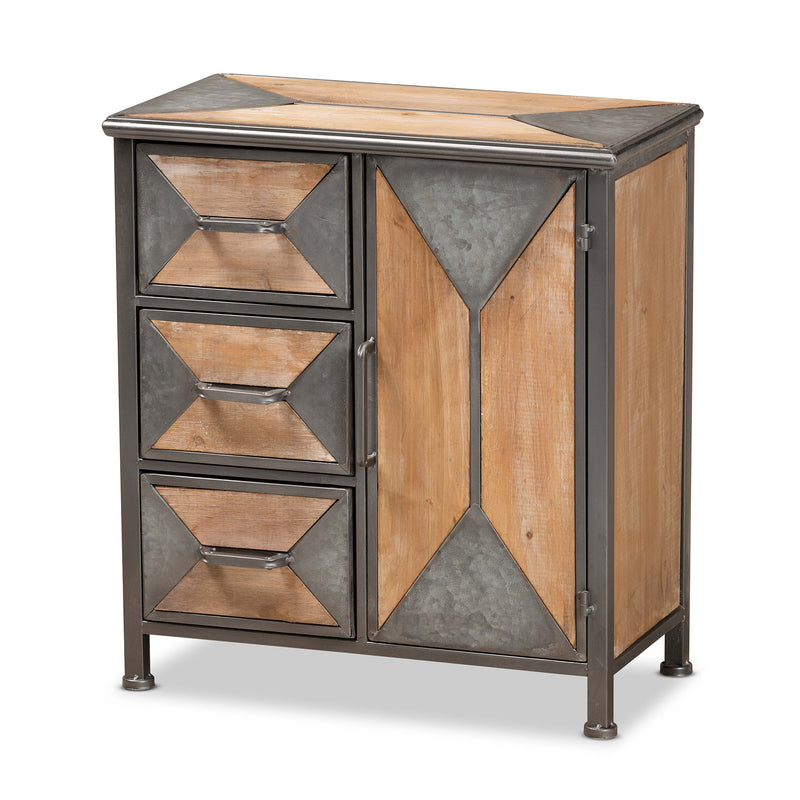 Laurel Accent Storage Cabinet Rustic Industrial Design with Antique Grey Metal and Whitewashed Oak Wood Featuring 3 Drawers for Organization