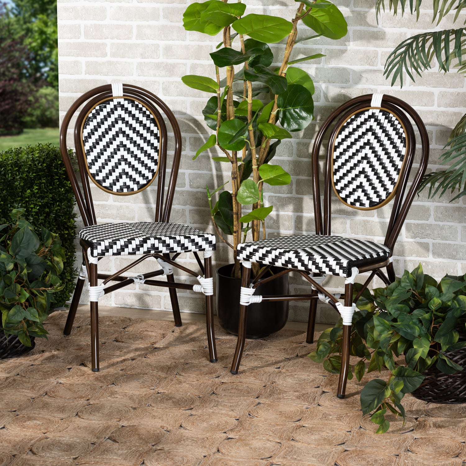 Alaire Outdoor Dining Chair Set Classic French Black and White Weaving and Dark Brown Metal 2-Piece