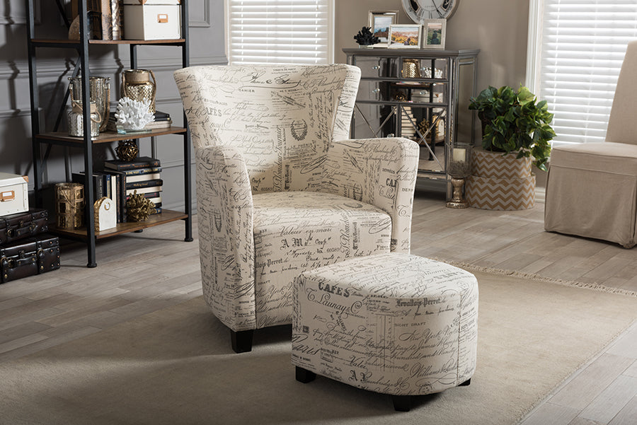 Benson Club Chair and Ottoman Set in French Script Fabric for Stylish Living Room Decor