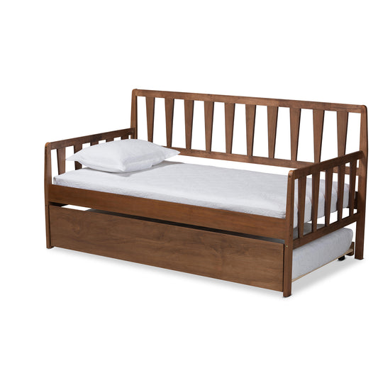 Midori Twin Size Daybed Modern Contemporary Design in Walnut Brown Finished Wood with Roll-Out Trundle Bed