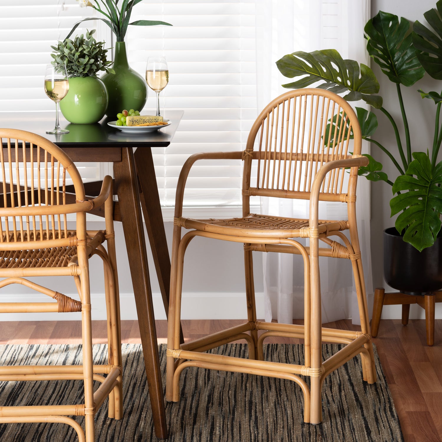 Tugera Modern Bohemian Rattan Counter Stool in Natural Brown - Stylish Comfortable Seating for Kitchen Islands and Home Bars