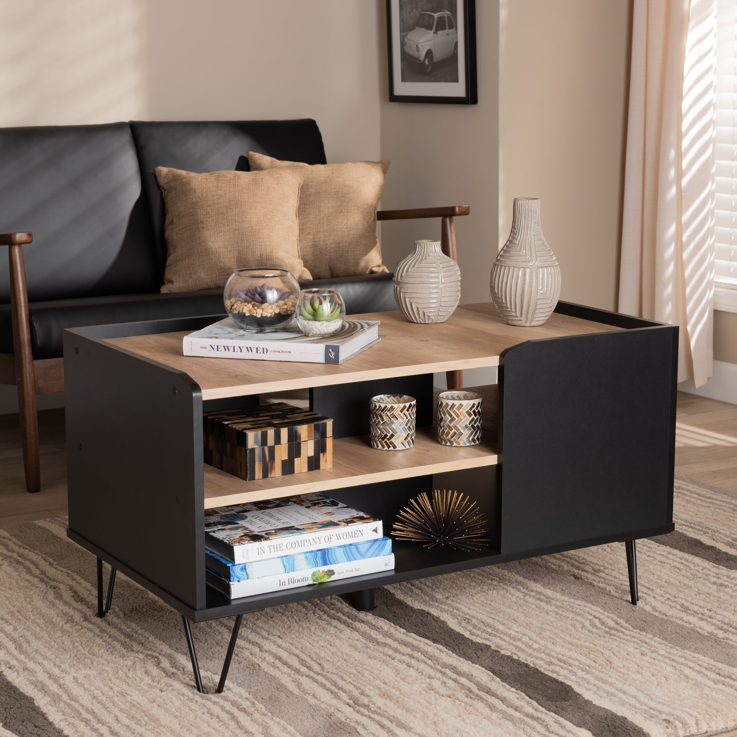 Lilith Coffee Table - Modern 3-Tier Design in Two-Tone Black and Oak Finished Wood with Metal Accents