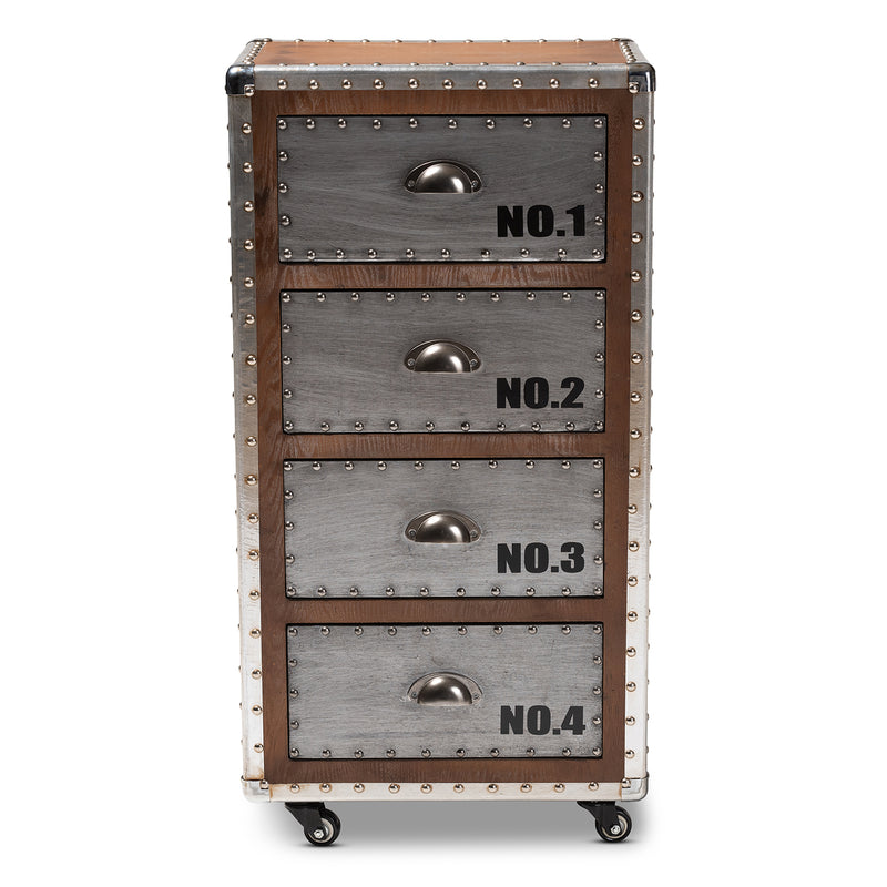 Avere Accent Storage Cabinet French Industrial Style 4-Drawer Rolling Unit in Brown Wood and Silver Metal for Stylish Organization