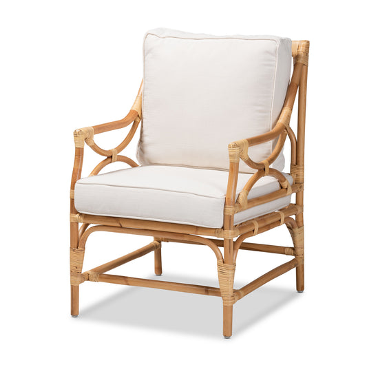 Brandon Modern Bohemian Armchair White Fabric Upholstered with Natural Brown Rattan Accents Stylish Comfortable Seating for Home Decor