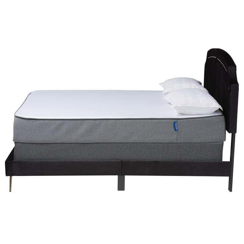 Oxley Queen Size Panel Bed in Glam Black Velvet with Gold Accents